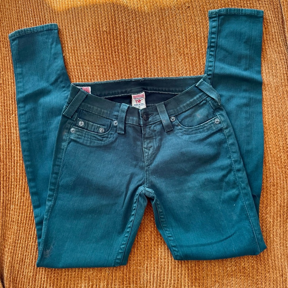 True Religion Low Rise Emerald Green Skinny Jeans
